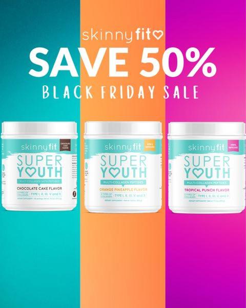 A 1:1 format ad creative showcasing three variations of multi-collagen peptide supplements against a bright, three-tone background to highlight a 50% discount.